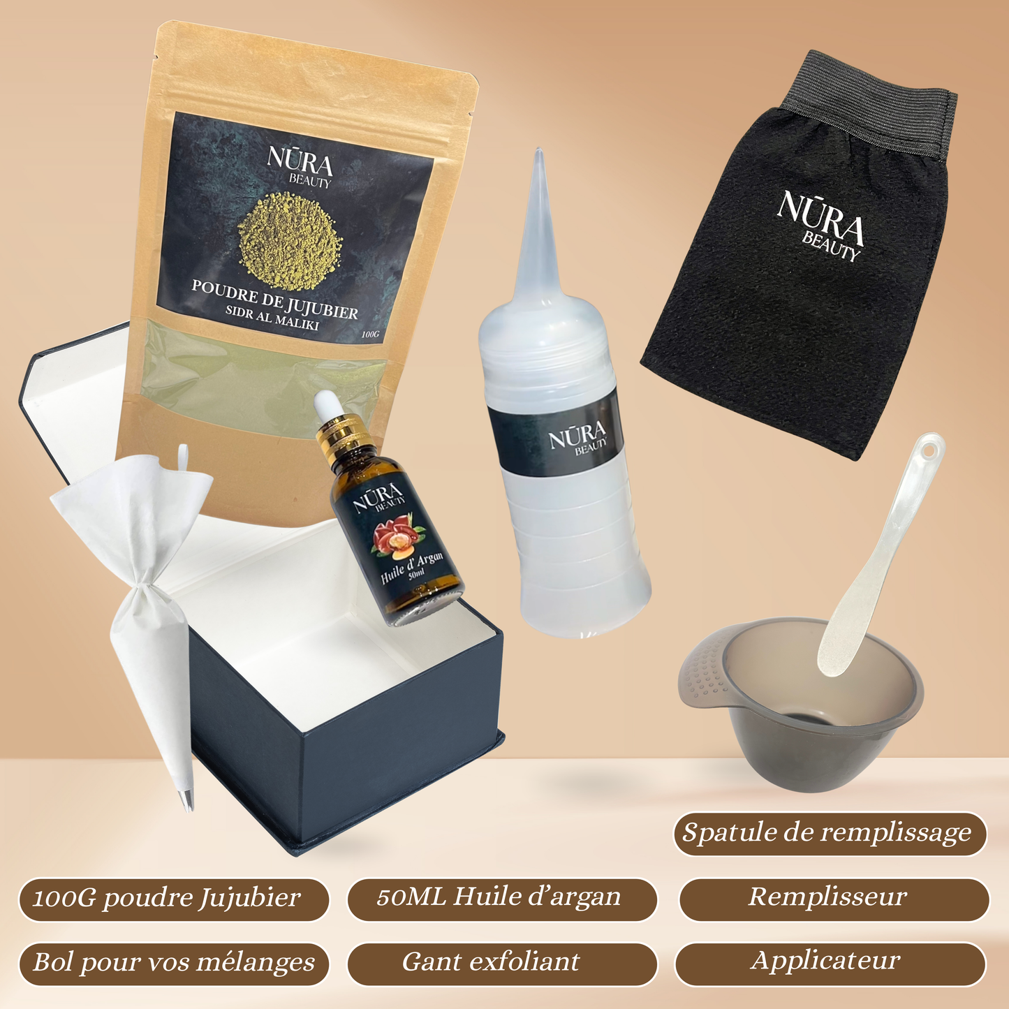 Coffret routine 60 jours / Poudre de jujubier 100g +
Huile d'argan 50ml NURA BEAUTY + Accessoires