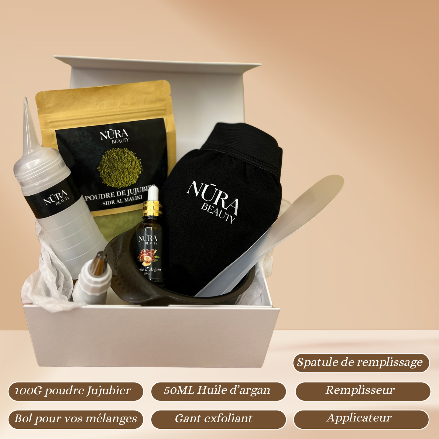 Coffret routine 60 jours / Poudre de jujubier 100g +
Huile d'argan 50ml NURA BEAUTY + Accessoires