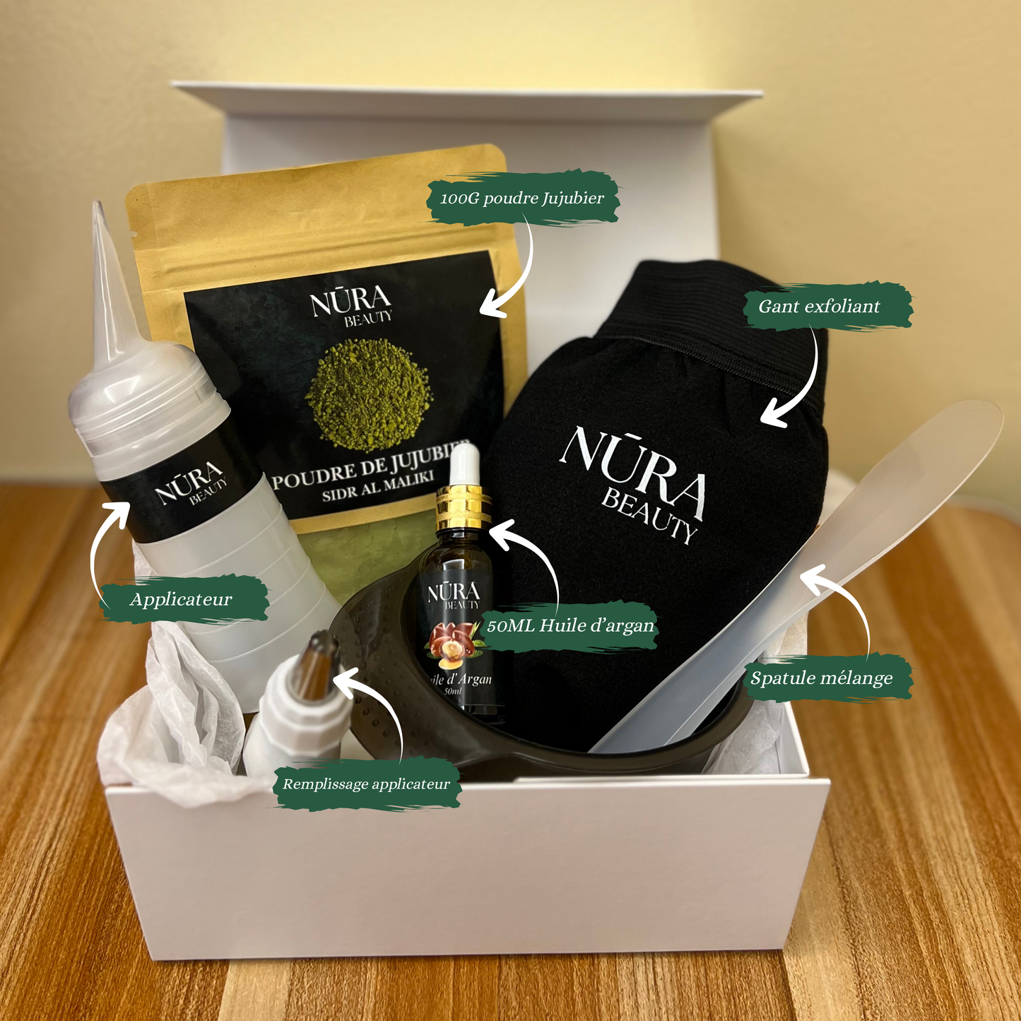 Coffret routine 60 jours / Poudre de jujubier 100g +
Huile d'argan 50ml NURA BEAUTY + Accessoires